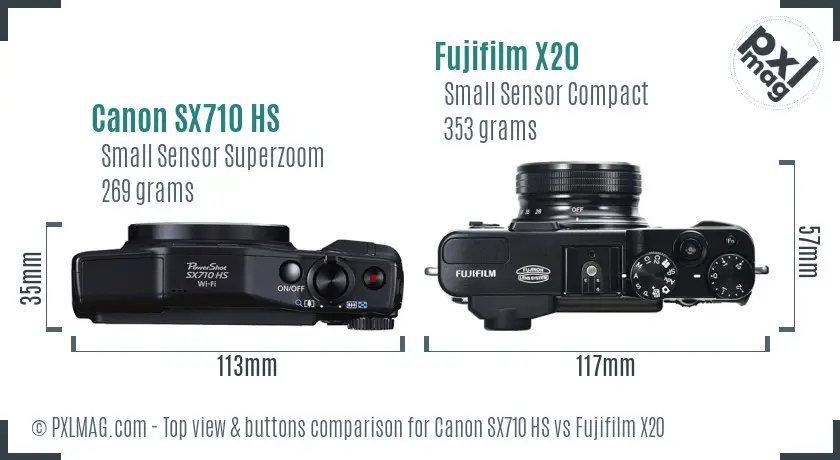 Canon SX710 HS vs Fujifilm X20 top view buttons comparison