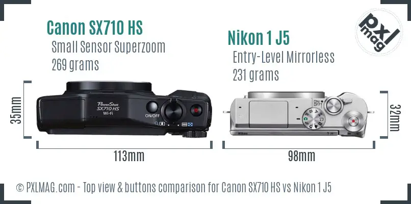 Canon SX710 HS vs Nikon 1 J5 top view buttons comparison