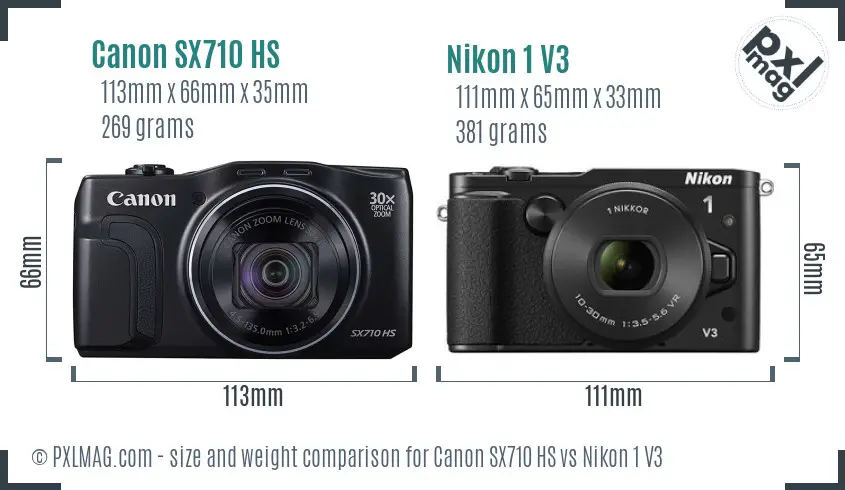 Canon SX710 HS vs Nikon 1 V3 size comparison