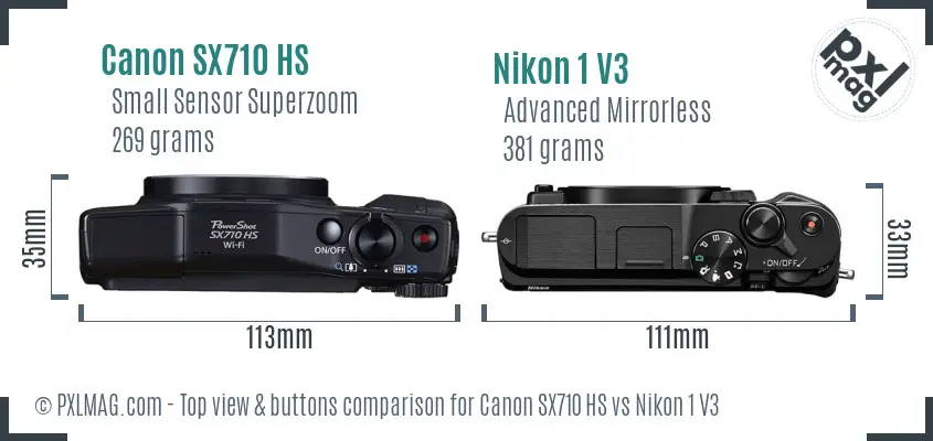 Canon SX710 HS vs Nikon 1 V3 top view buttons comparison