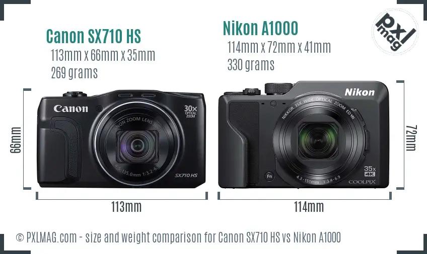 Canon SX710 HS vs Nikon A1000 size comparison