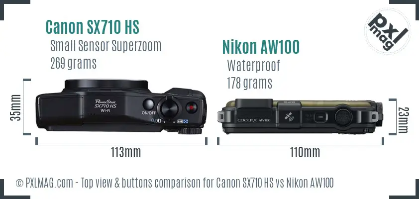 Canon SX710 HS vs Nikon AW100 top view buttons comparison