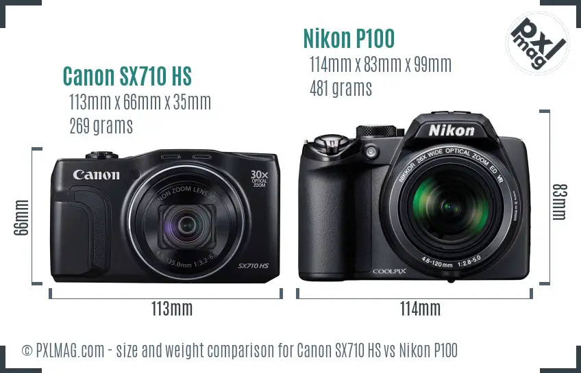 Canon SX710 HS vs Nikon P100 size comparison