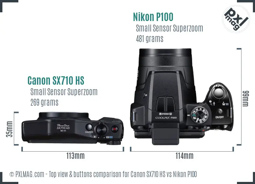 Canon SX710 HS vs Nikon P100 top view buttons comparison