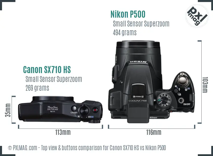 Canon SX710 HS vs Nikon P500 top view buttons comparison