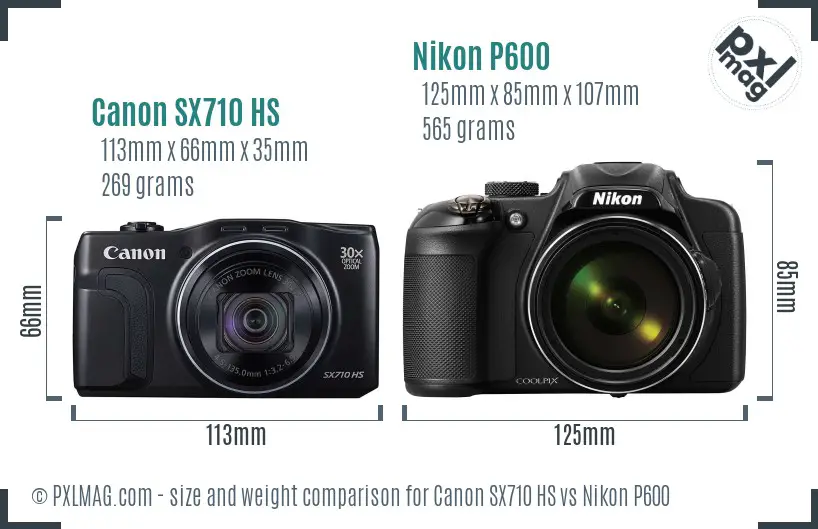 Canon SX710 HS vs Nikon P600 size comparison