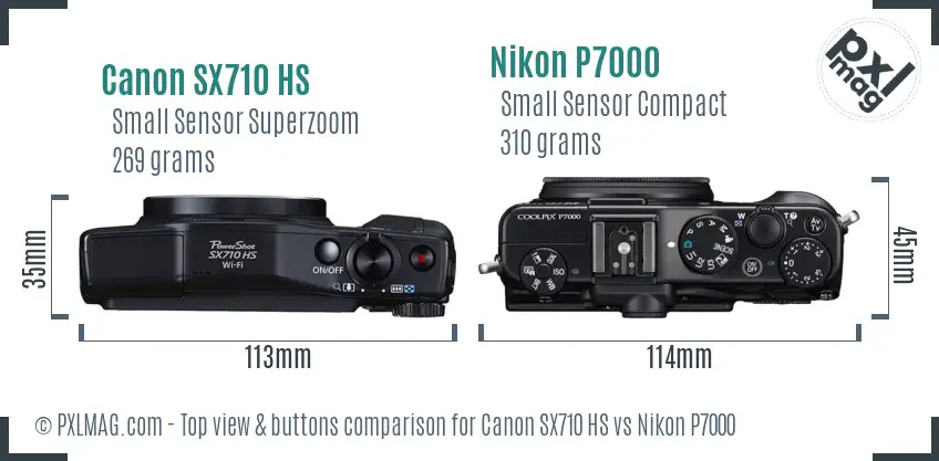 Canon SX710 HS vs Nikon P7000 top view buttons comparison