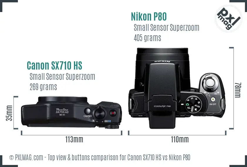 Canon SX710 HS vs Nikon P80 top view buttons comparison