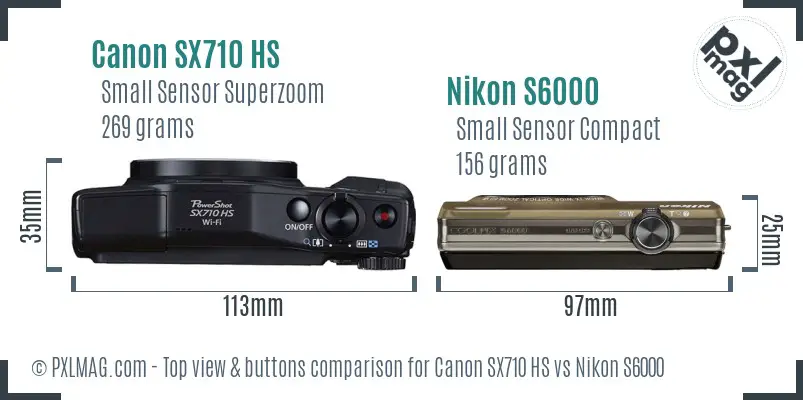 Canon SX710 HS vs Nikon S6000 top view buttons comparison Canon SX710 HS vs Nikon S6000 top view buttons comparison