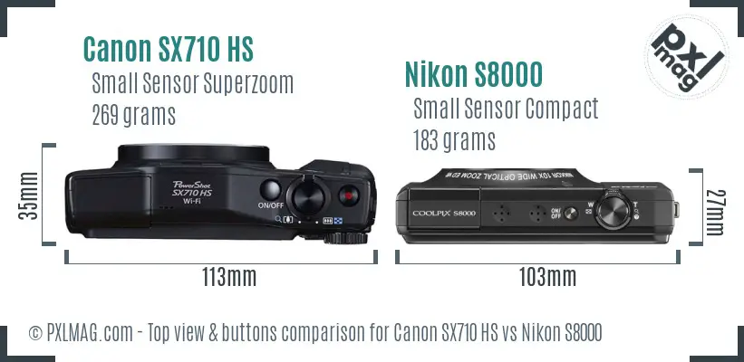 Canon SX710 HS vs Nikon S8000 top view buttons comparison Canon SX710 HS vs Nikon S8000 top view buttons comparison