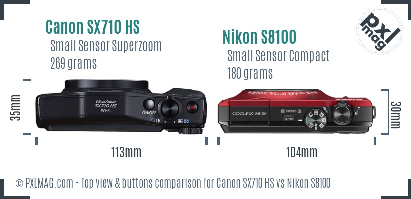 Canon SX710 HS vs Nikon S8100 top view buttons comparison