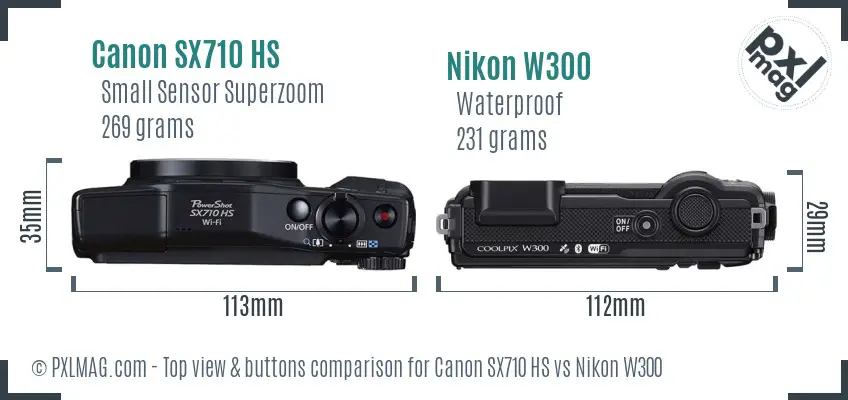 Canon SX710 HS vs Nikon W300 top view buttons comparison