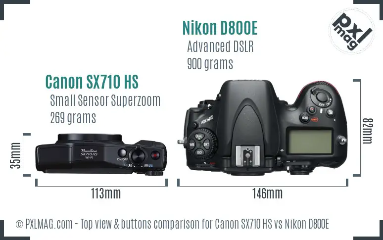 Canon SX710 HS vs Nikon D800E top view buttons comparison