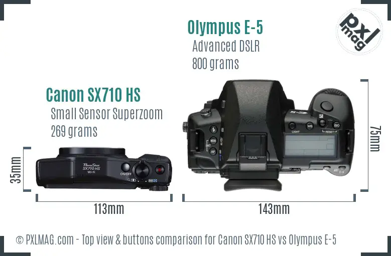 Canon SX710 HS vs Olympus E-5 top view buttons comparison