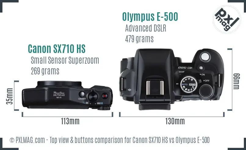 Canon SX710 HS vs Olympus E-500 top view buttons comparison