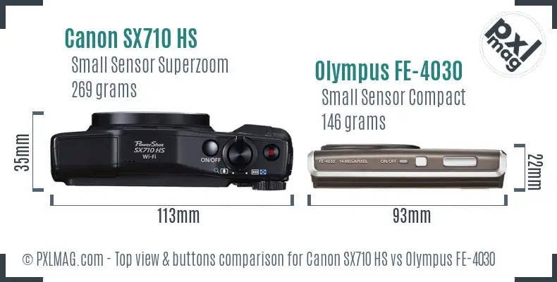 Canon SX710 HS vs Olympus FE-4030 top view buttons comparison Canon SX710 HS vs Olympus FE-4030 top view buttons comparison