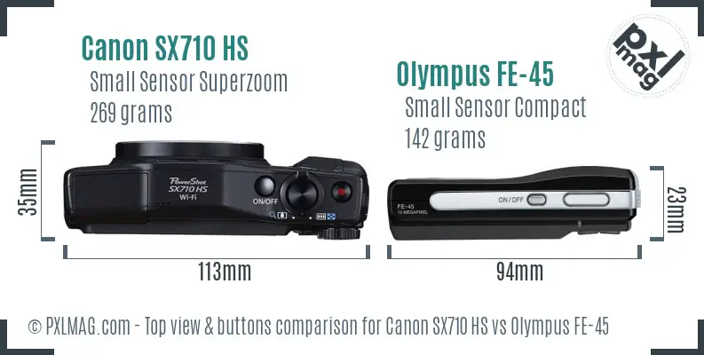 Canon SX710 HS vs Olympus FE-45 top view buttons comparison Canon SX710 HS vs Olympus FE-45 top view buttons comparison