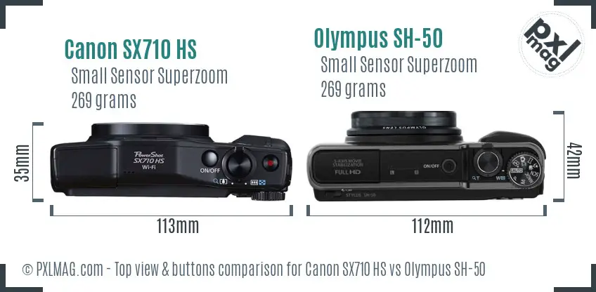 Canon SX710 HS vs Olympus SH-50 top view buttons comparison Canon SX710 HS vs Olympus SH-50 top view buttons comparison