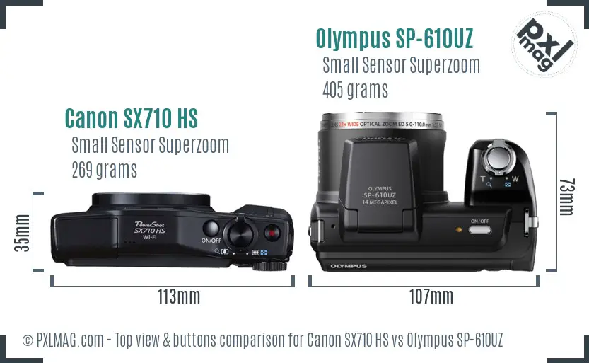 Canon SX710 HS vs Olympus SP-610UZ top view buttons comparison Canon SX710 HS vs Olympus SP-610UZ top view buttons comparison
