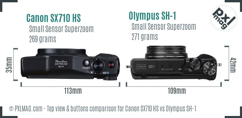Canon SX710 HS vs Olympus SH-1 top view buttons comparison