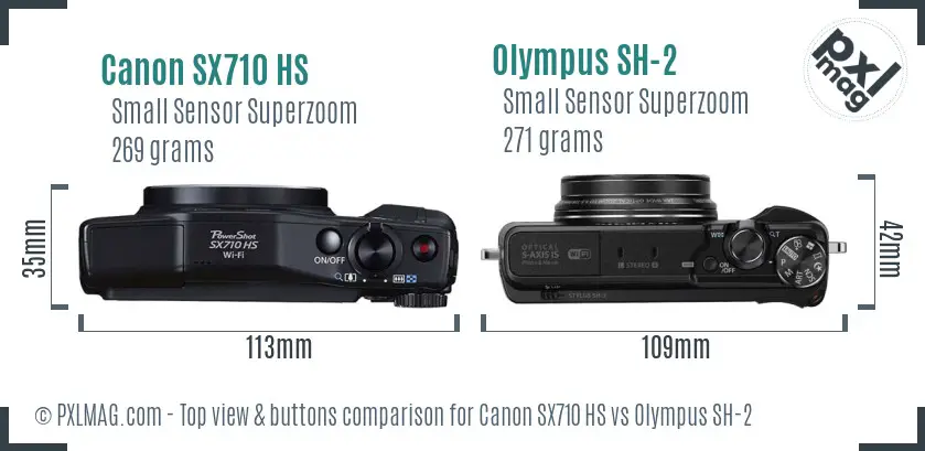 Canon SX710 HS vs Olympus SH-2 top view buttons comparison Canon SX710 HS vs Olympus SH-2 top view buttons comparison