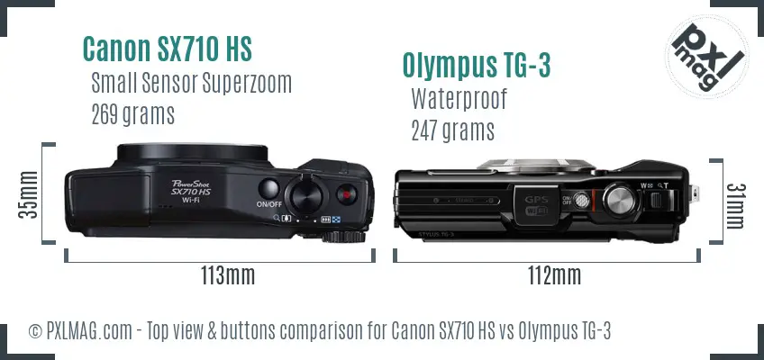 Canon SX710 HS vs Olympus TG-3 top view buttons comparison Canon SX710 HS vs Olympus TG-3 top view buttons comparison