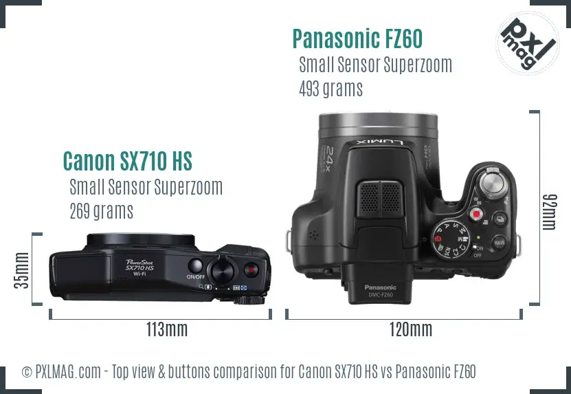 Canon SX710 HS vs Panasonic FZ60 top view buttons comparison Canon SX710 HS vs Panasonic FZ60 top view buttons comparison