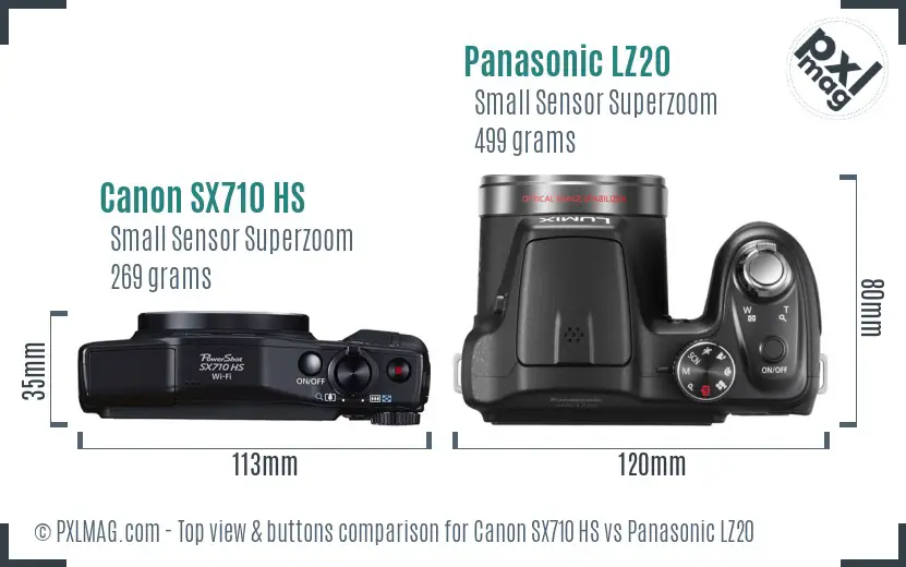 Canon SX710 HS vs Panasonic LZ20 top view buttons comparison Canon SX710 HS vs Panasonic LZ20 top view buttons comparison