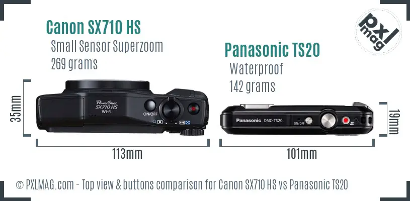 Canon SX710 HS vs Panasonic TS20 top view buttons comparison Canon SX710 HS vs Panasonic TS20 top view buttons comparison