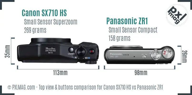 Canon SX710 HS vs Panasonic ZR1 top view buttons comparison