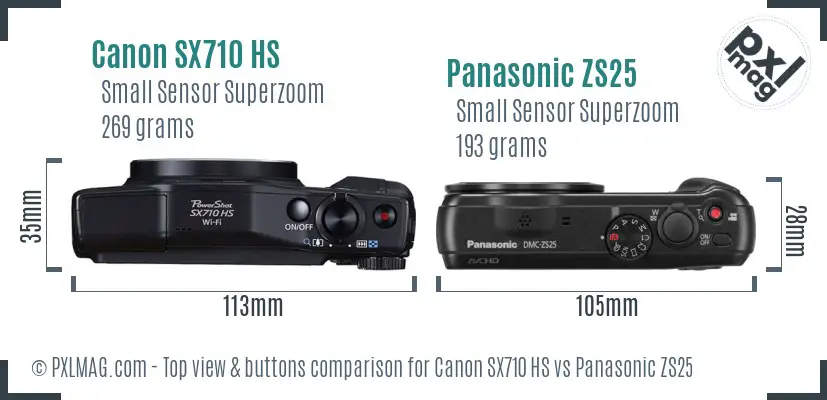 Canon SX710 HS vs Panasonic ZS25 top view buttons comparison Canon SX710 HS vs Panasonic ZS25 top view buttons comparison