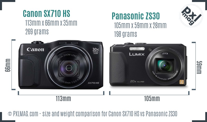 Canon SX710 HS vs Panasonic ZS30 size comparison
