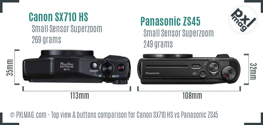 Canon SX710 HS vs Panasonic ZS45 top view buttons comparison