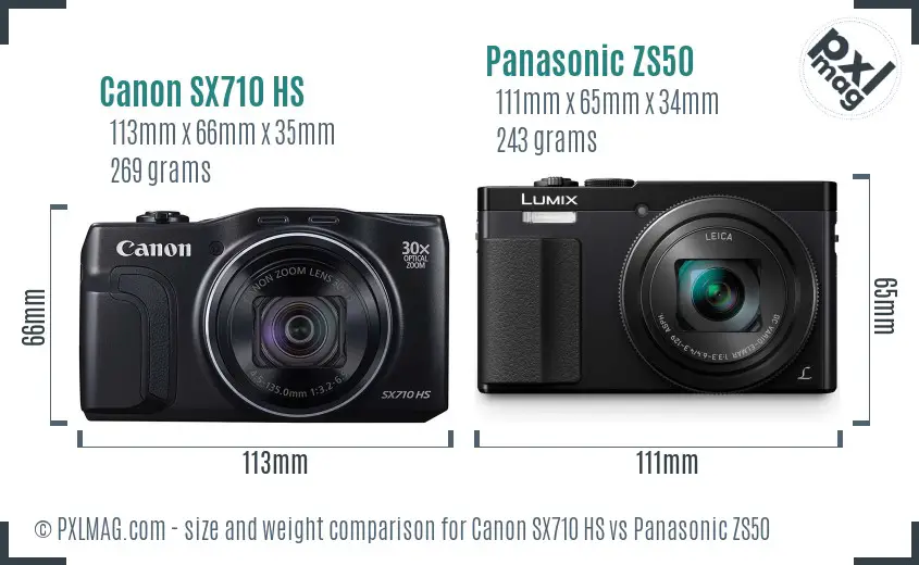 Canon SX710 HS vs Panasonic ZS50 size comparison