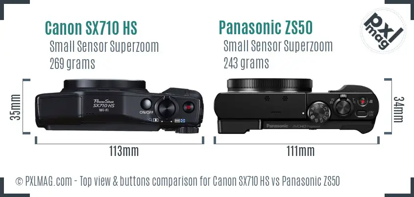 Canon SX710 HS vs Panasonic ZS50 top view buttons comparison