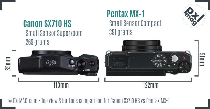 Canon SX710 HS vs Pentax MX-1 top view buttons comparison