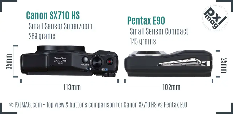 Canon SX710 HS vs Pentax E90 top view buttons comparison