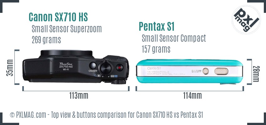 Canon SX710 HS vs Pentax S1 top view buttons comparison