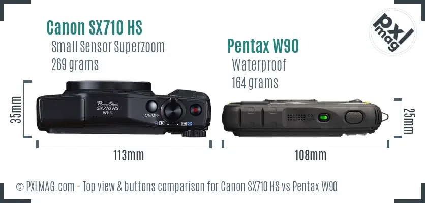 Canon SX710 HS vs Pentax W90 top view buttons comparison