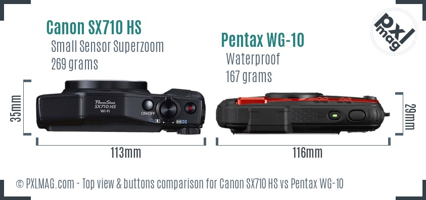 Canon SX710 HS vs Pentax WG-10 top view buttons comparison