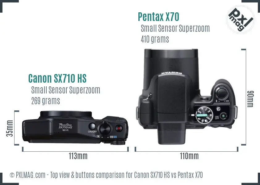 Canon SX710 HS vs Pentax X70 top view buttons comparison