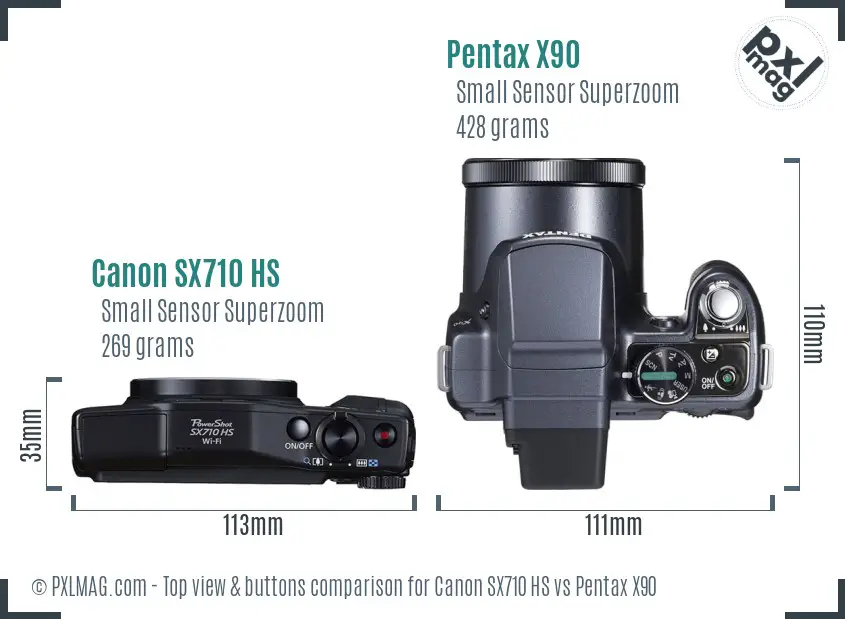 Canon SX710 HS vs Pentax X90 top view buttons comparison