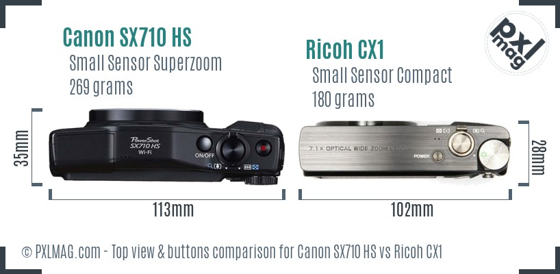 Canon SX710 HS vs Ricoh CX1 top view buttons comparison