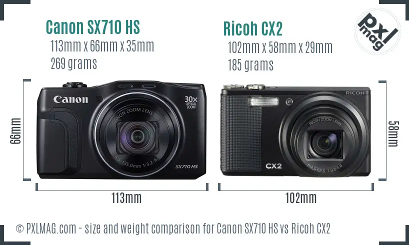 Canon SX710 HS vs Ricoh CX2 size comparison