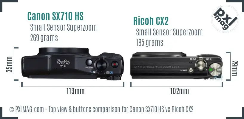 Canon SX710 HS vs Ricoh CX2 top view buttons comparison