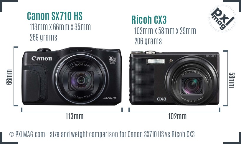 Canon SX710 HS vs Ricoh CX3 size comparison