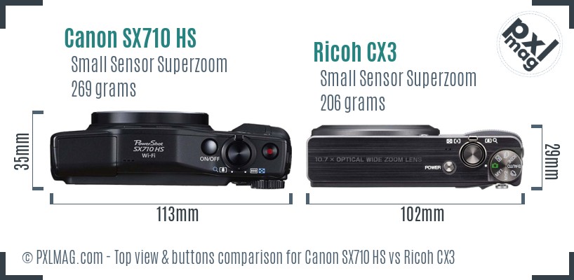 Canon SX710 HS vs Ricoh CX3 top view buttons comparison