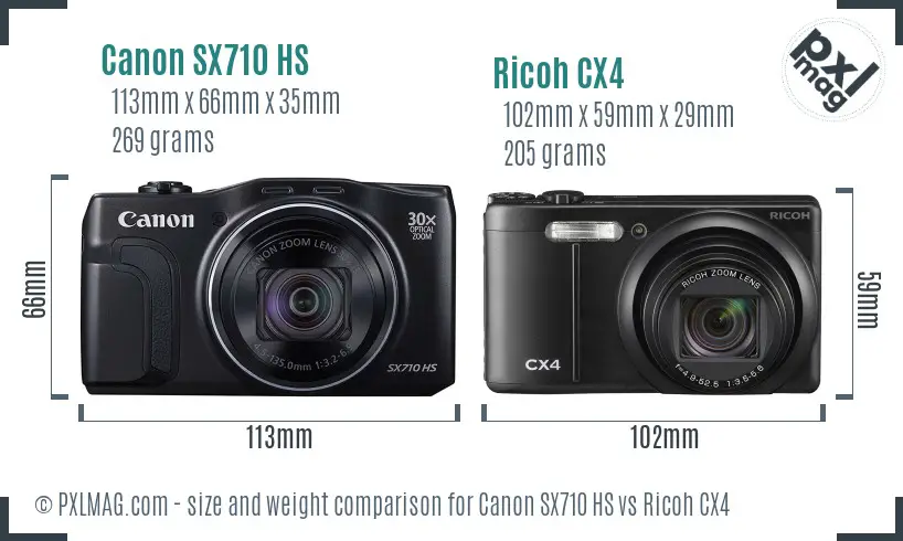 Canon SX710 HS vs Ricoh CX4 size comparison