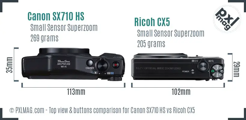 Canon SX710 HS vs Ricoh CX5 top view buttons comparison Canon SX710 HS vs Ricoh CX5 top view buttons comparison