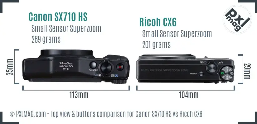 Canon SX710 HS vs Ricoh CX6 top view buttons comparison Canon SX710 HS vs Ricoh CX6 top view buttons comparison